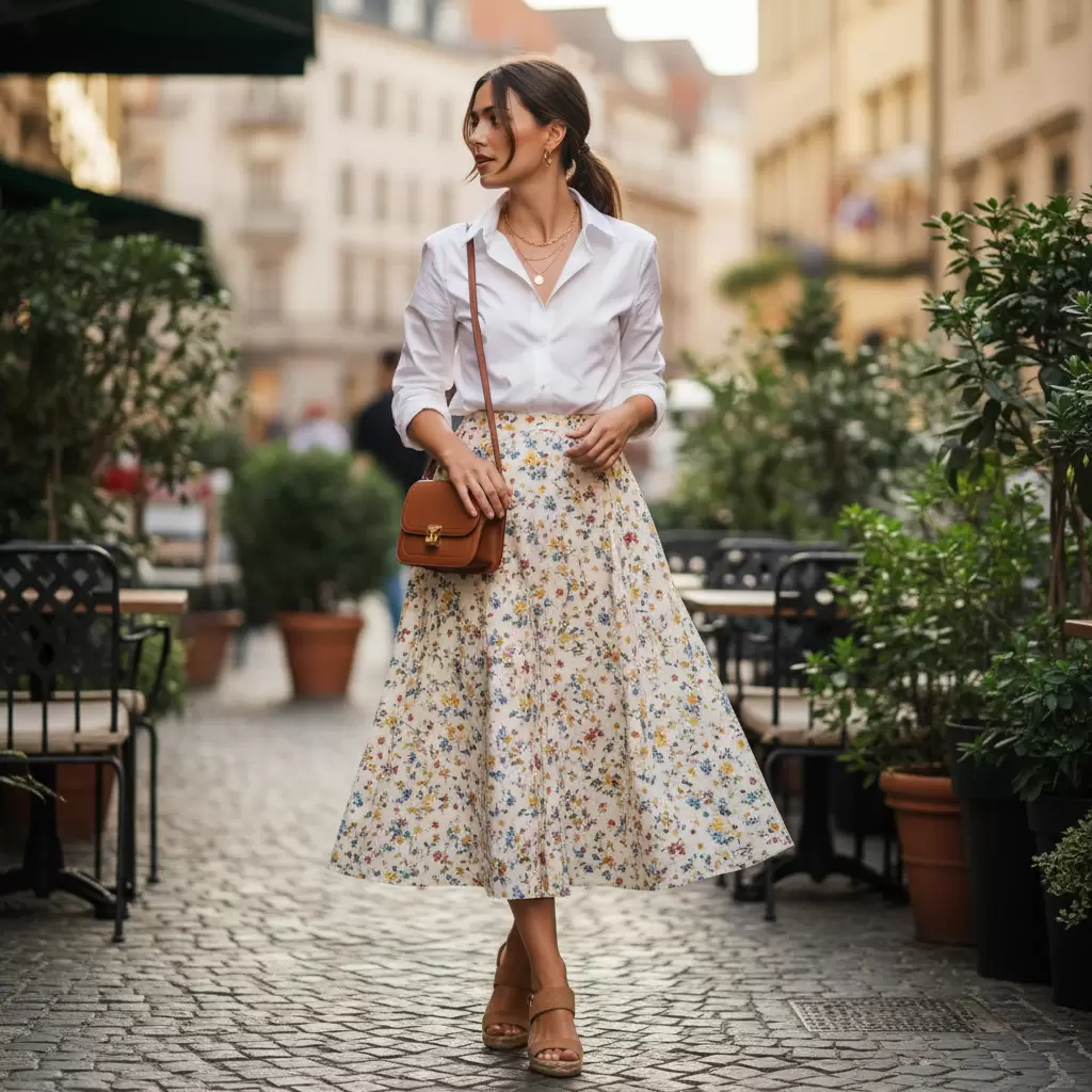 Sự kết hợp hoàn hảo giữa chân váy hoa nhí và áo sơ mi cho quý cô công sở