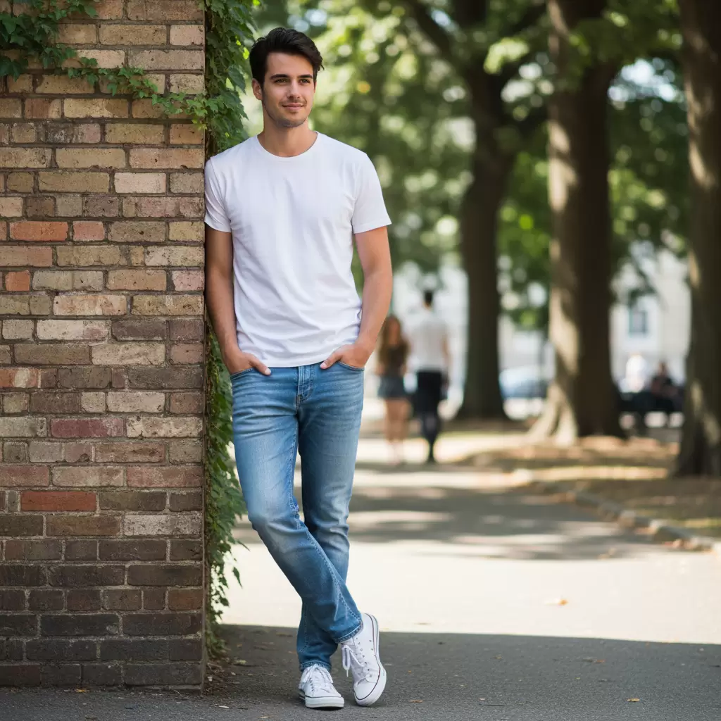 Sự kết hợp giữa áo thun và quần jeans mang lại vẻ ngoài năng động trẻ trung