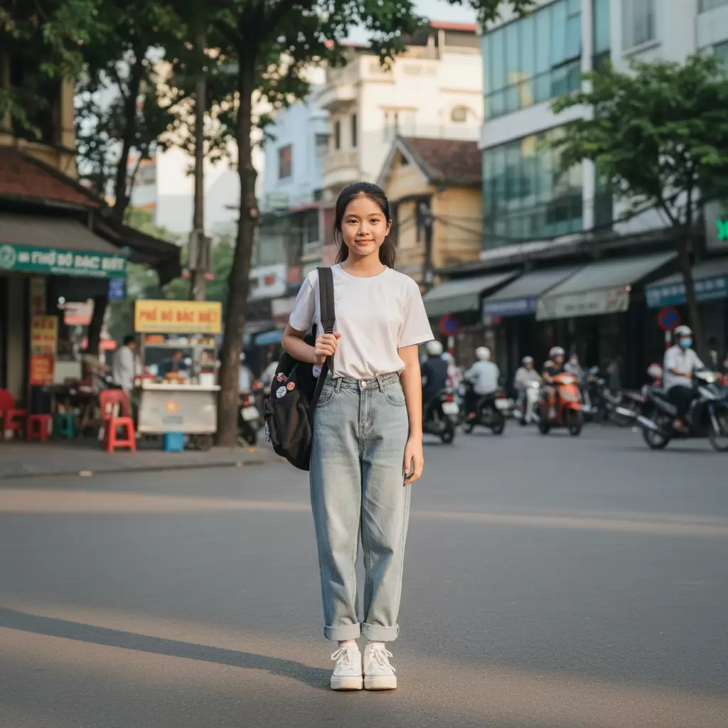 Sự kết hợp giữa áo thun và quần baggy mang lại vẻ ngoài năng động khỏe khoắn