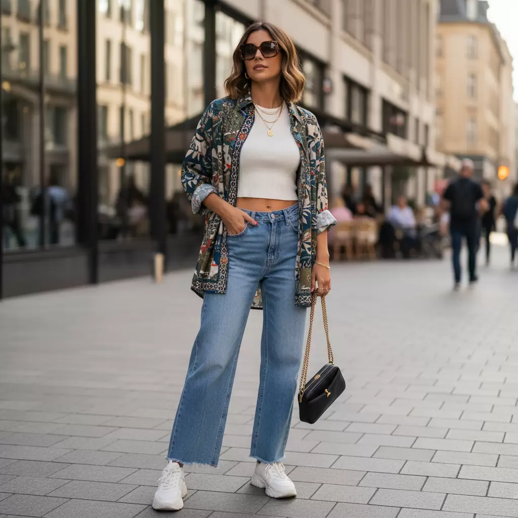 Sự kết hợp giữa quần jeans ống rộng và áo croptop tạo nên vẻ ngoài năng động