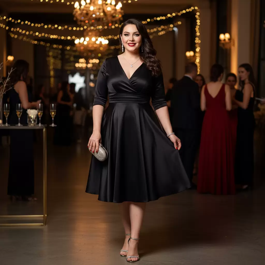 Thiết kế cổ chữ V kết hợp dáng váy chữ A giúp kéo dài cơ thể và che khuyết điểm hiệu quả