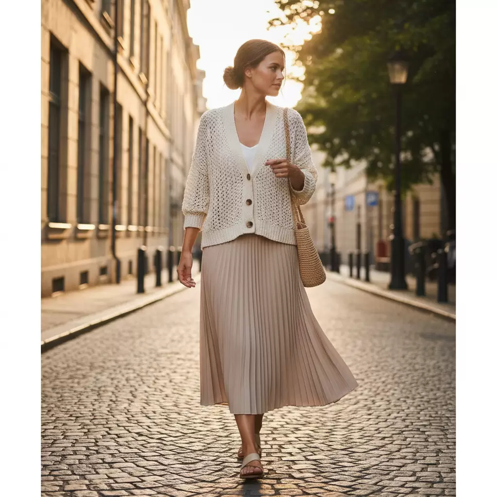 gemini_image_1768311863-1 Sự kết hợp giữa cardigan và chân váy dài tạo nên vẻ ngoài thướt tha và nữ tính