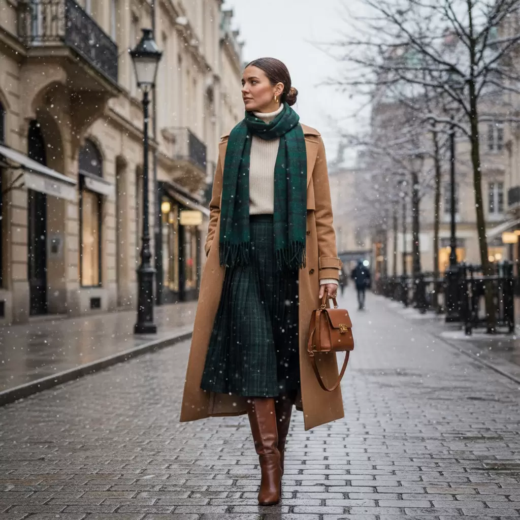 Phong cách thanh lịch với áo măng tô và chân váy cho chuyến du lịch mùa đông
