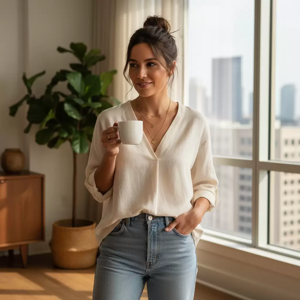 Thiết kế cổ chữ V là lựa chọn hàng đầu để tạo hiệu ứng thị giác thu hẹp đôi vai