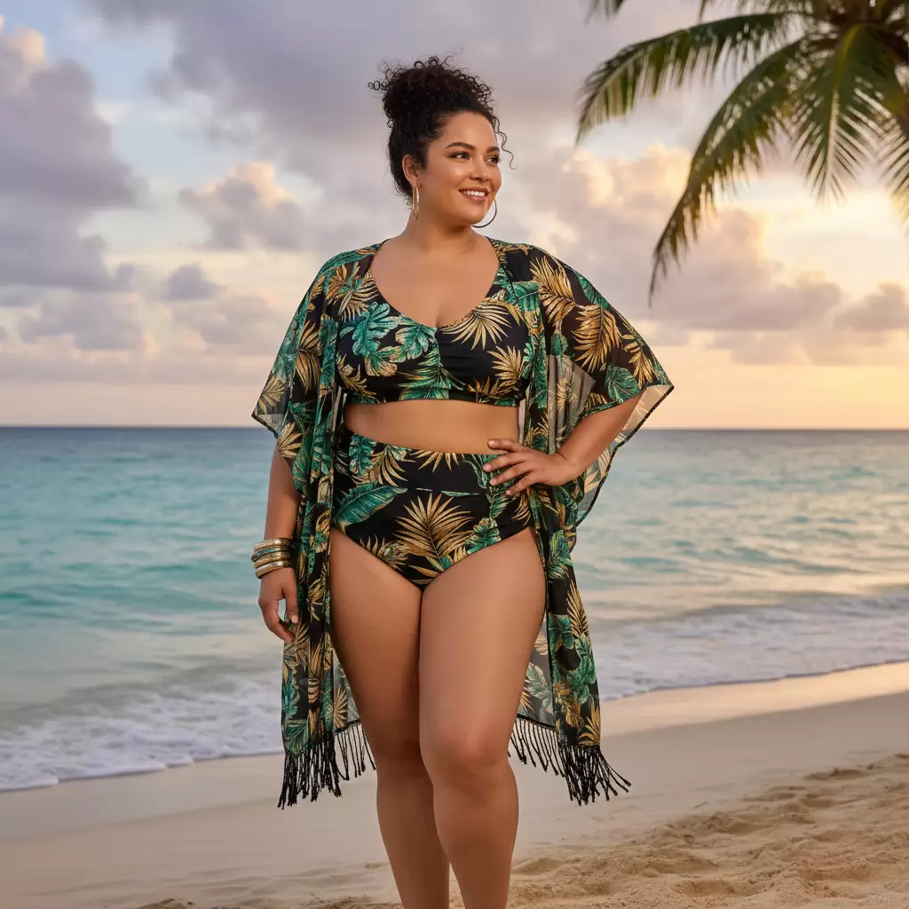 Sự kết hợp giữa bikini cạp cao và áo choàng mỏng giúp che bụng hiệu quả