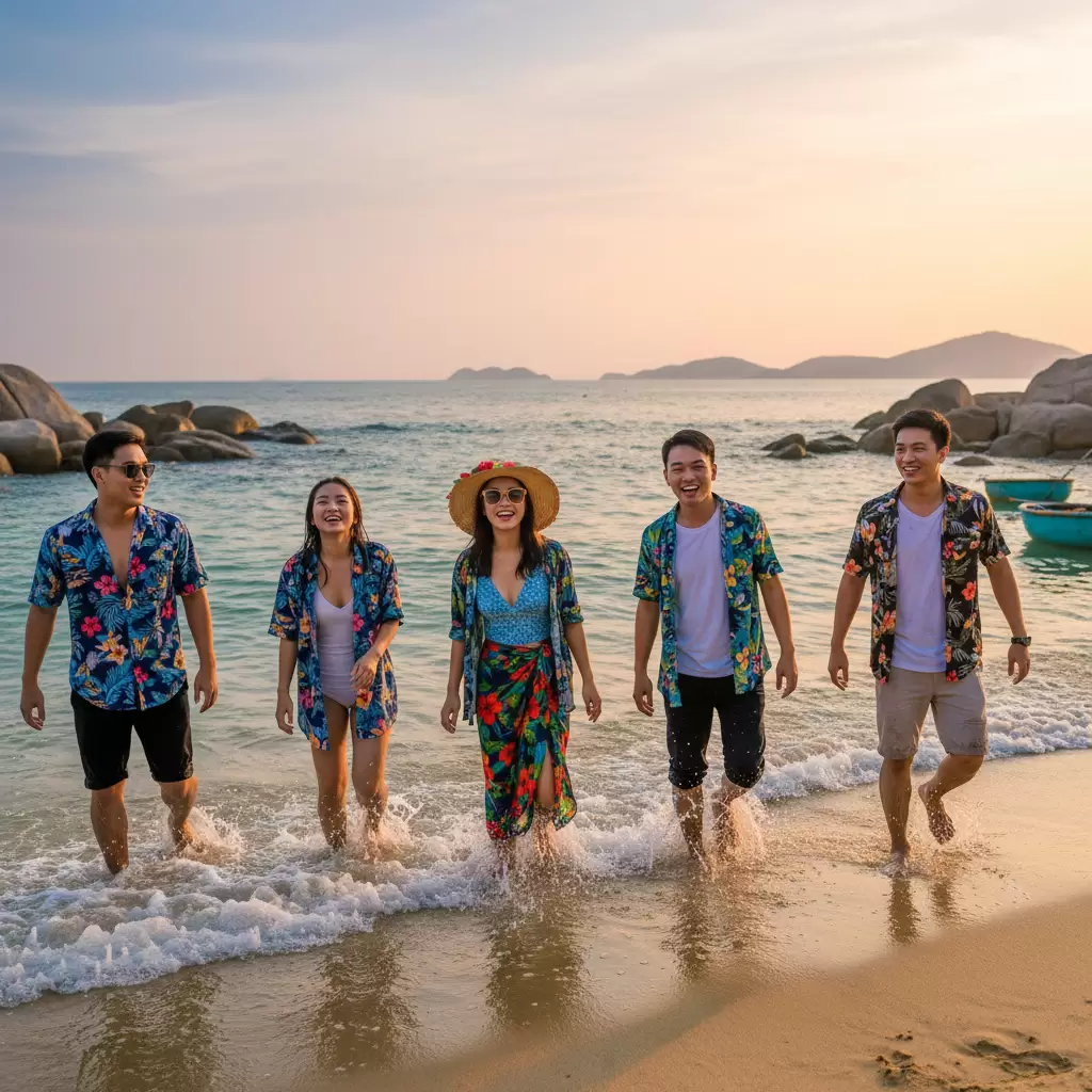 gemini_image_1768316941-1 Trang phục họa tiết nhiệt đới mang lại vẻ năng động và trẻ trung cho chuyến du lịch biển