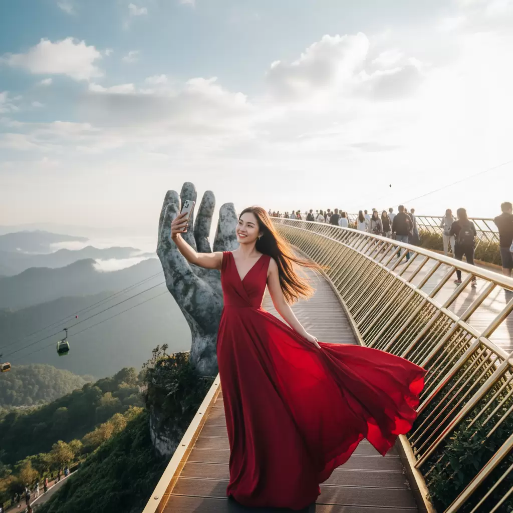 gemini_image_1768316942 Trang phục màu đỏ giúp bạn trở nên nổi bật và sang trọng tại Cầu Vàng Bà Nà Hills