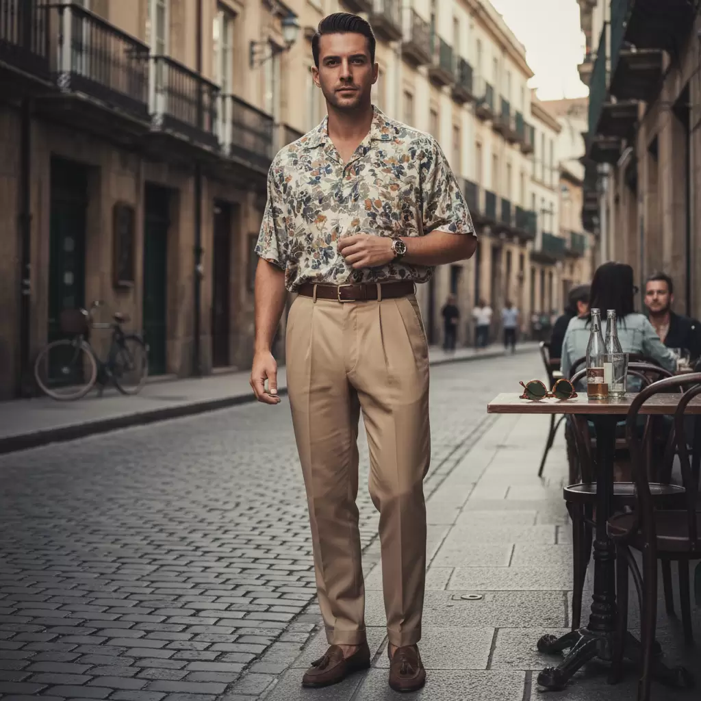 gemini_image_1768318047-1 Sự kết hợp tinh tế giữa áo sơ mi họa tiết và quần tây cạp cao cho nam giới