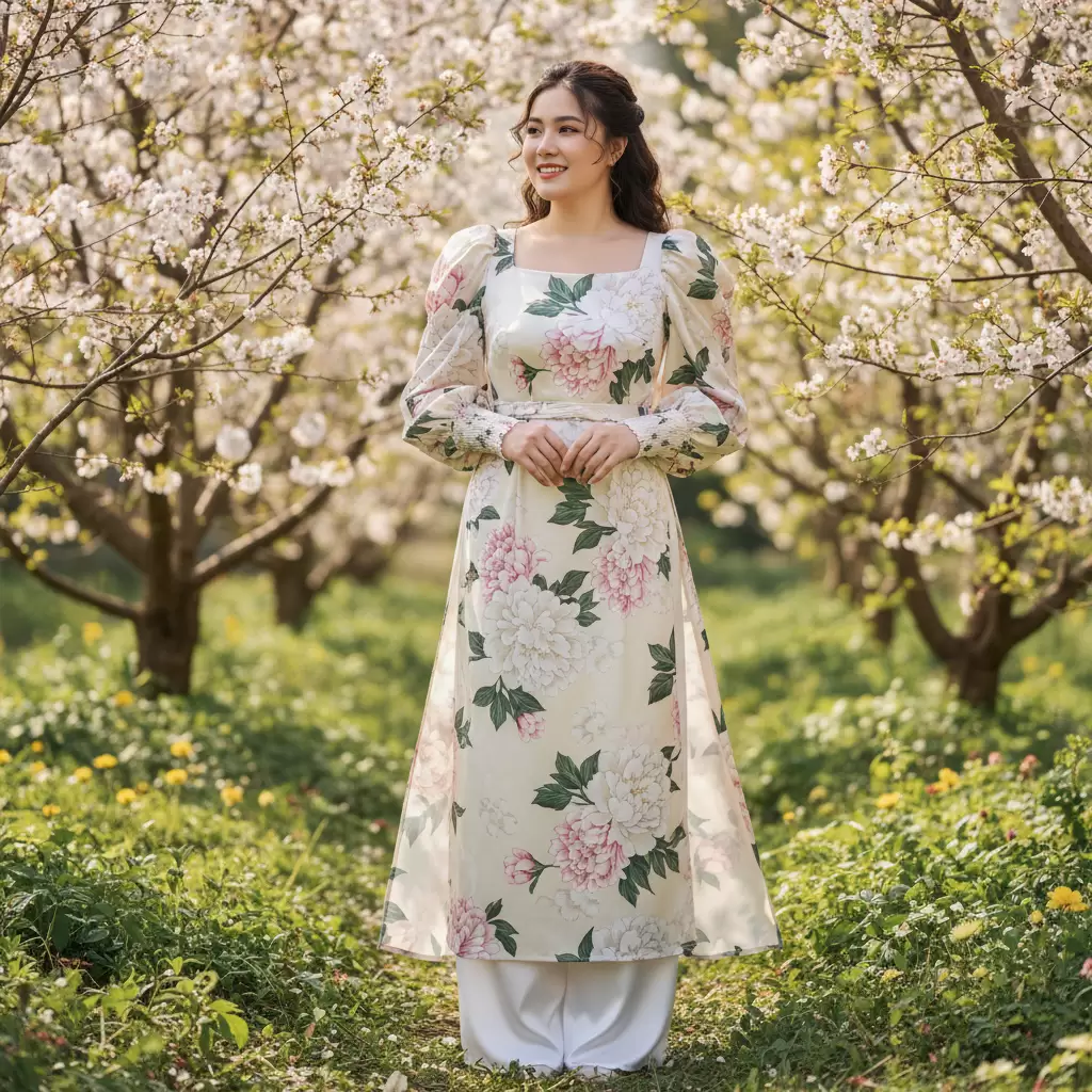 Áo tay bồng và cổ vuông giúp tạo cảm giác vai rộng hơn cân bằng với phần hông