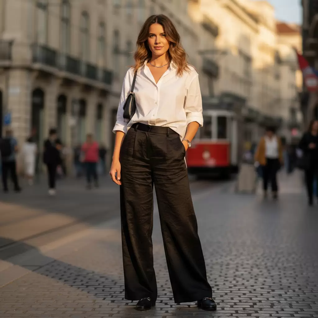 Quần ống rộng cạp cao là món đồ thần thánh giúp che khuyết điểm chân to hiệu quả