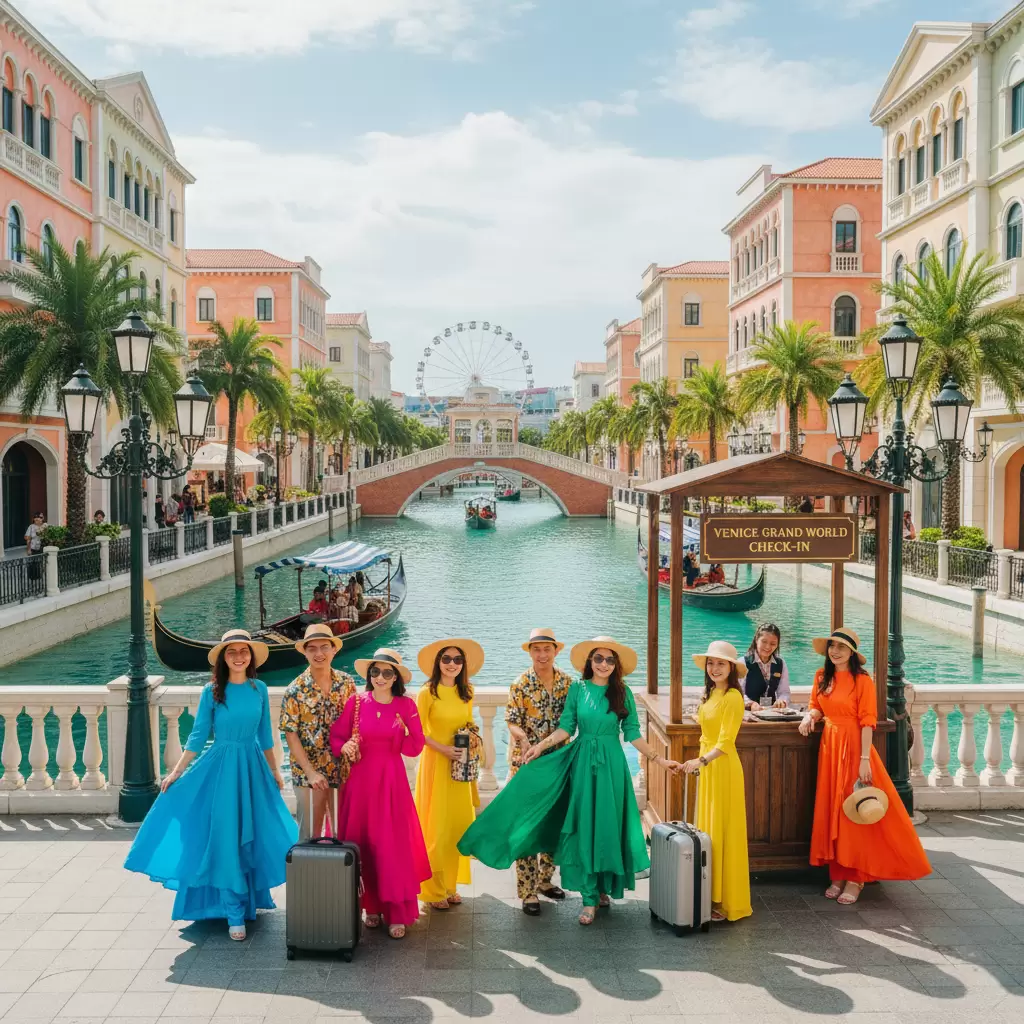 Trang phục màu sắc nổi bật cực kỳ ăn nhập với không gian kiến trúc tại Grand World