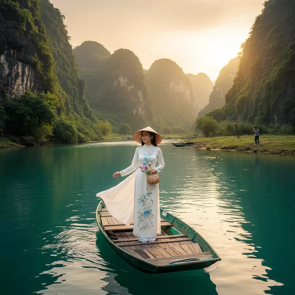 gemini_image_1768320252 Áo dài truyền thống giúp tôn vinh vẻ đẹp thanh lịch giữa không gian cổ kính của Tràng An