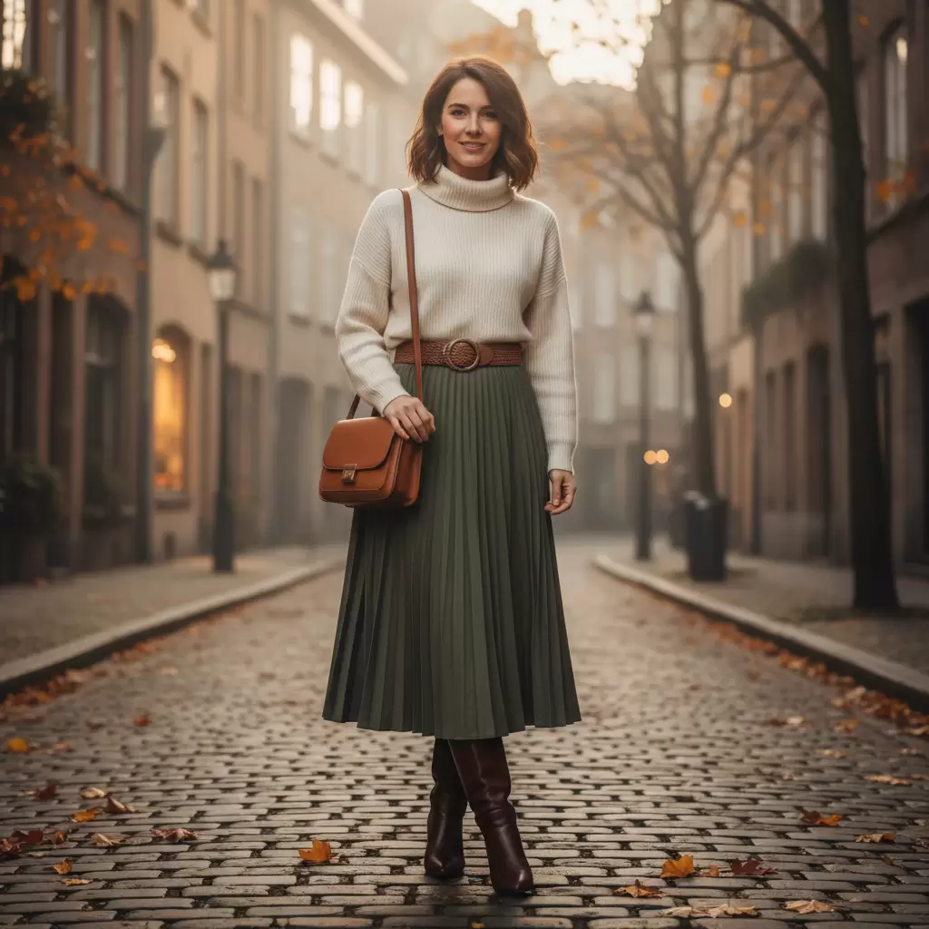 Sự kết hợp giữa áo len cổ lọ và chân váy dài mang lại vẻ đẹp duyên dáng