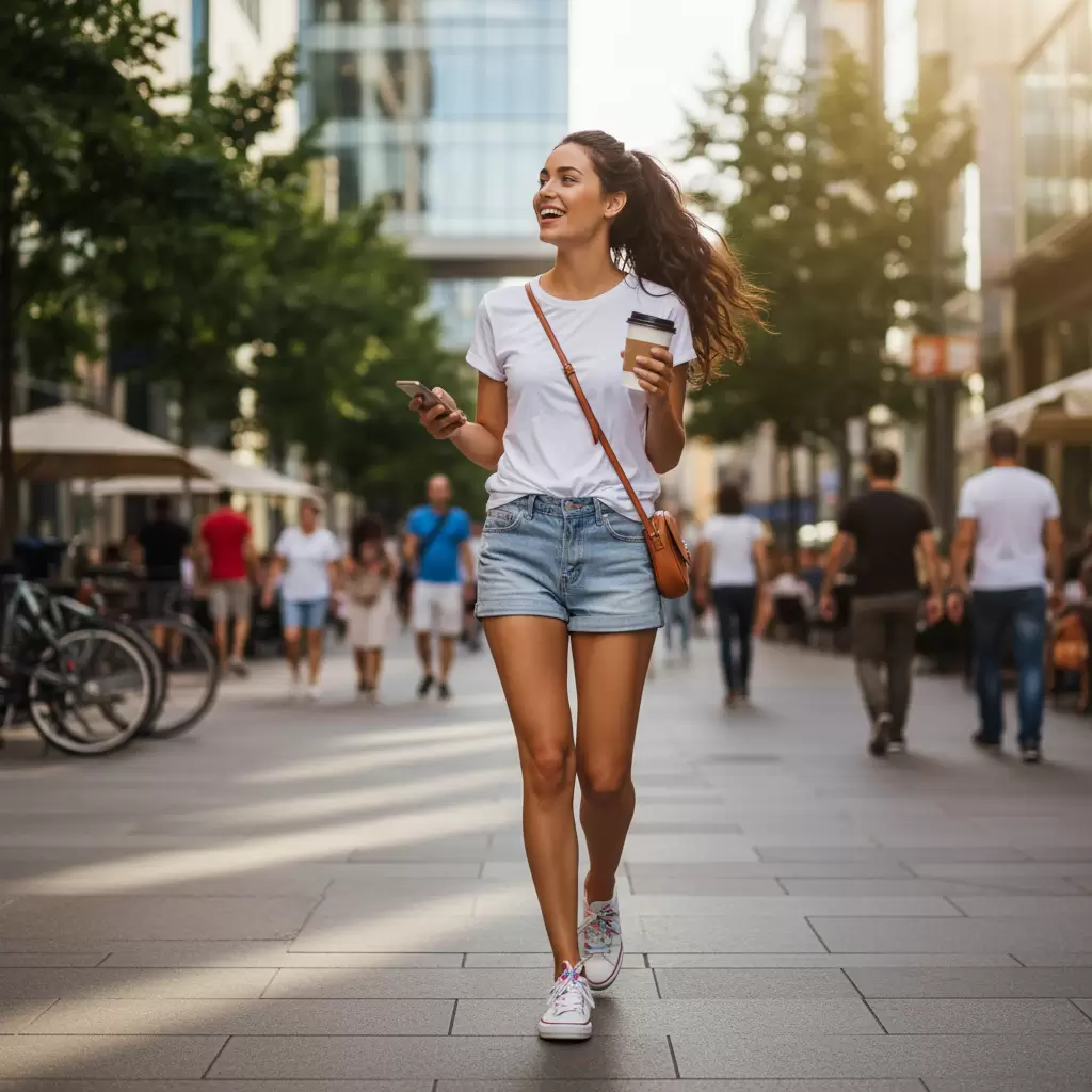 Sự kết hợp giữa áo thun và quần short jean mang lại vẻ ngoài trẻ trung hiện đại