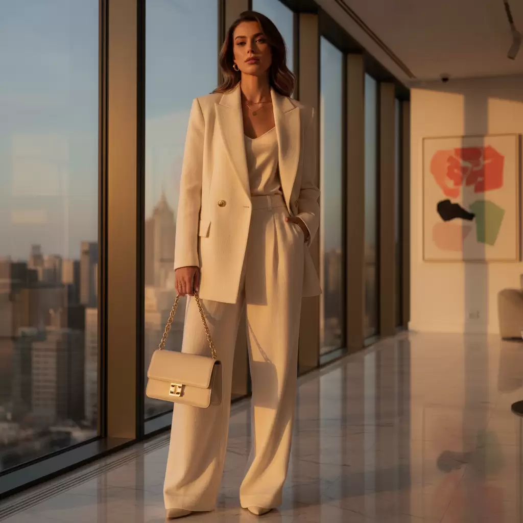 Sự kết hợp giữa quần tây màu kem và áo blazer tạo nên set đồ quyền lực và thời thượng