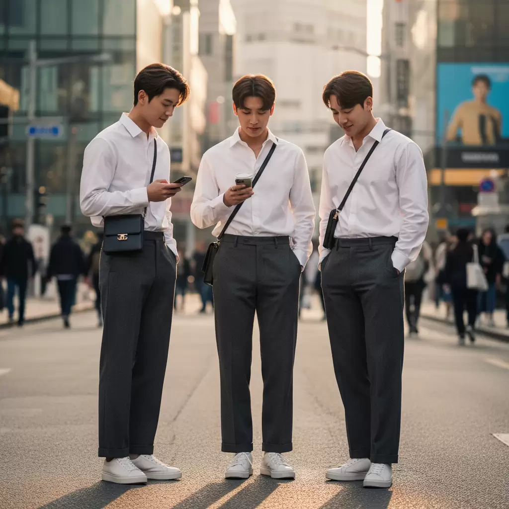 gemini_image_1768322056-1 Sự kết hợp giữa áo sơ mi quần tây và giày sneaker tạo nên diện mạo trẻ trung năng động