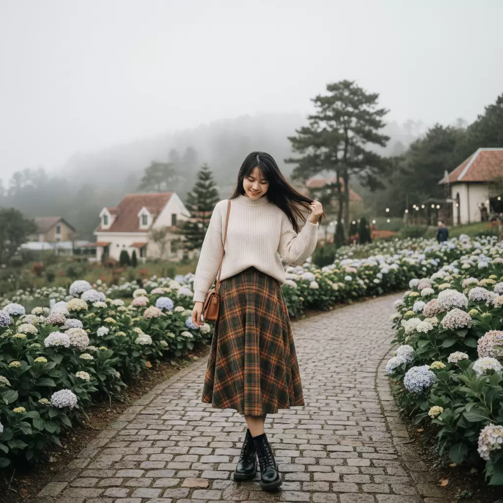 Phong cách nhẹ nhàng nữ tính với áo len và chân váy dài