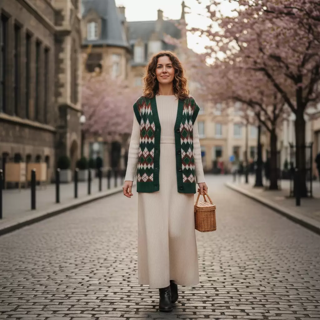 gemini_image_1768322948 Váy liền thân kết hợp cùng áo gile len tạo nên set đồ duyên dáng nữ tính và đầy cuốn hút