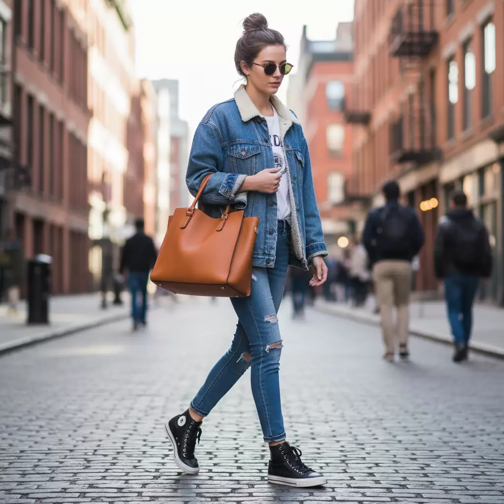 Sự kết hợp giữa quần jean và giày cao cổ mang lại vẻ ngoài năng động và trẻ trung