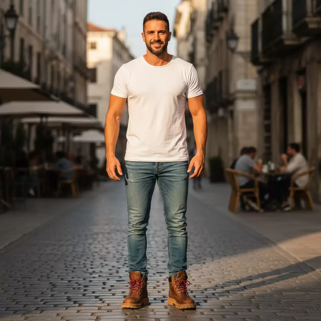 Sự kết hợp năng động giữa quần jean áo thun và giày cao cổ cho các buổi dạo phố