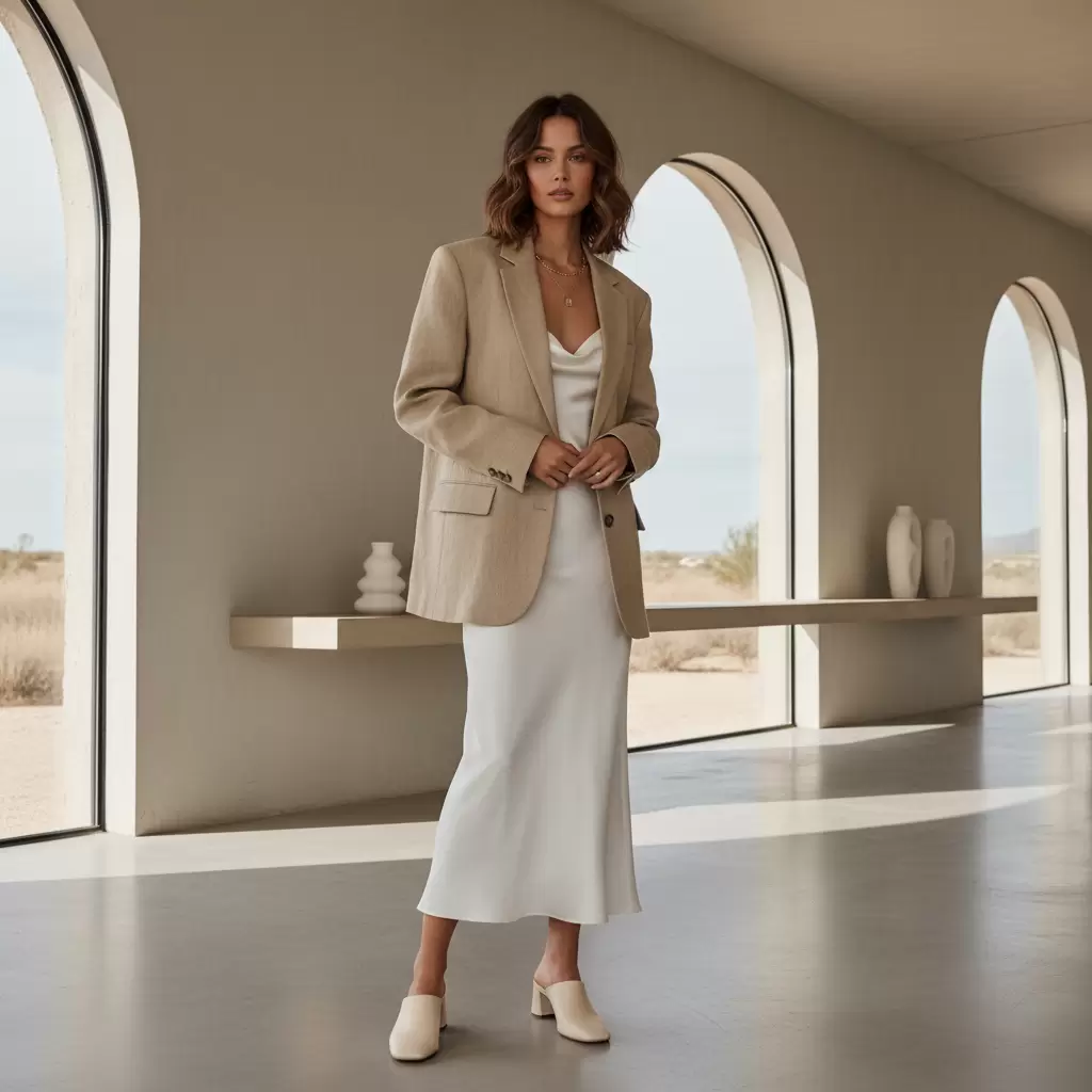 gemini_image_1768324226-1 Sự kết hợp giữa váy liền và blazer tạo nên diện mạo dạo phố hiện đại và lôi cuốn