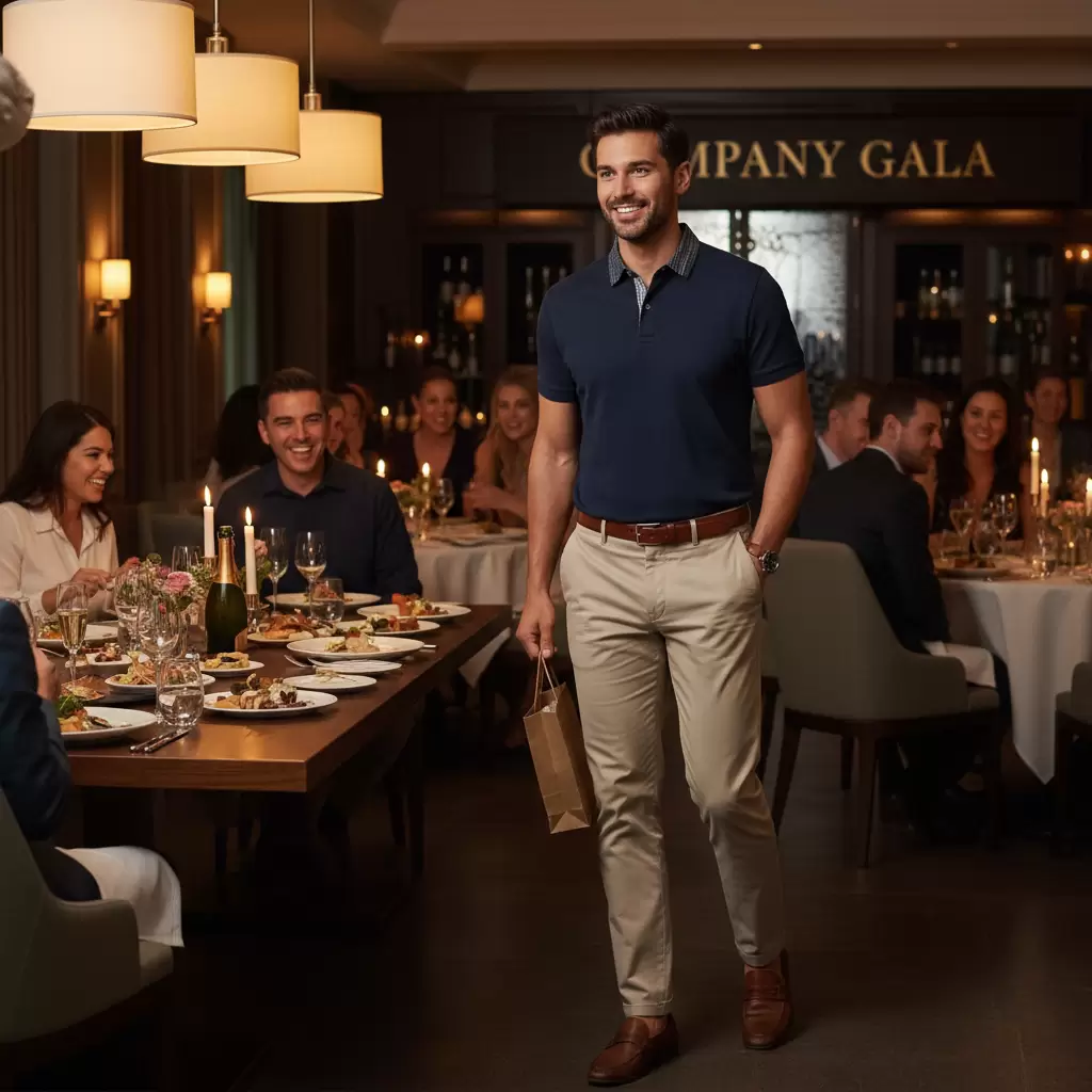 Áo polo và quần kaki là lựa chọn hoàn hảo cho những buổi liên hoan thân mật