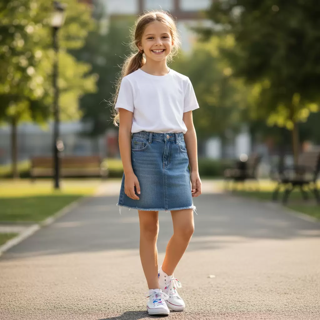 Sự kết hợp giữa áo thun và chân váy mang lại vẻ ngoài năng động cho bé gái