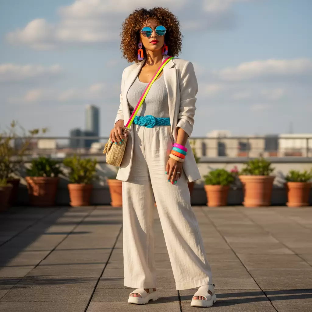 Sử dụng tông màu trung tính và phụ kiện để cân bằng tổng thể bộ trang phục