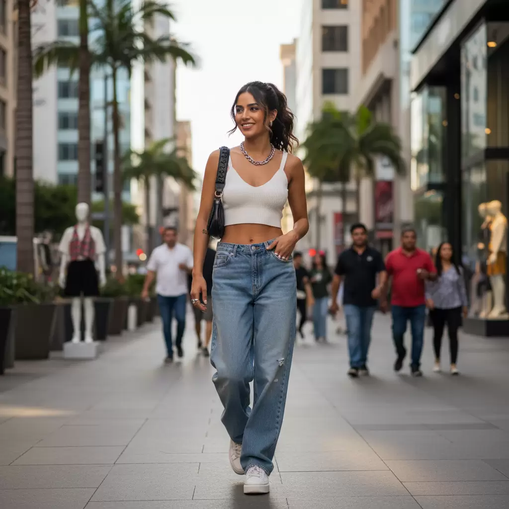 Sự kết hợp giữa croptop và quần jean ống rộng tạo nên vẻ ngoài năng động và tôn dáng