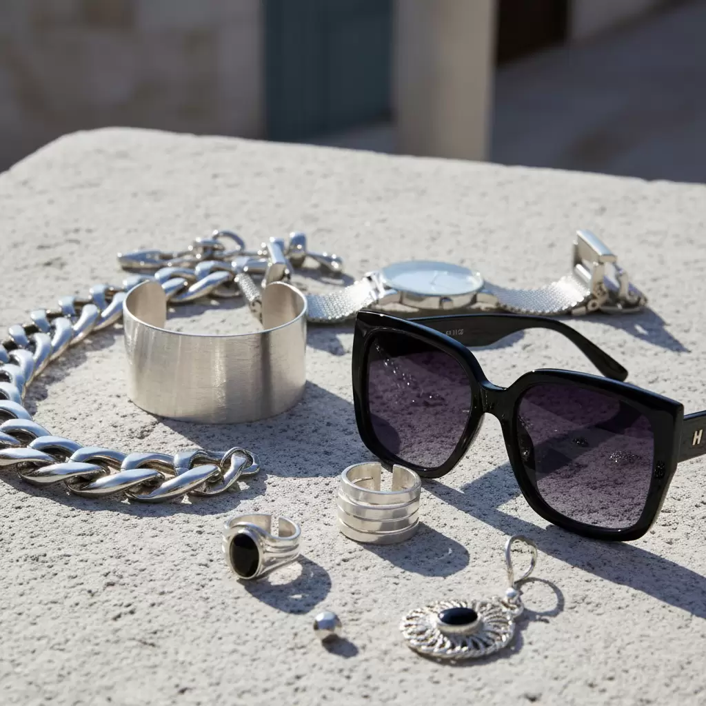 Phụ kiện kim loại và kính râm là điểm nhấn không thể thiếu cho set đồ cá tính