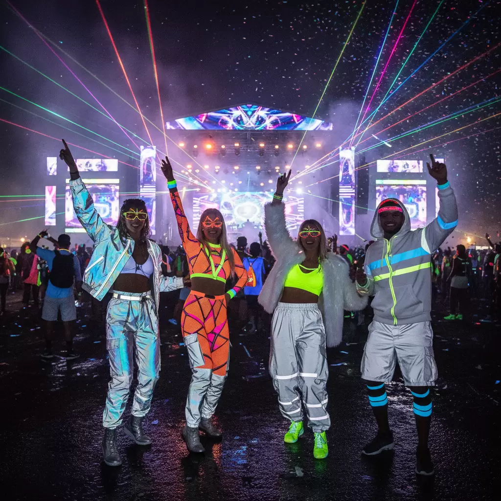 Trang phục màu sắc rực rỡ và phản quang là đặc trưng của các đêm nhạc EDM