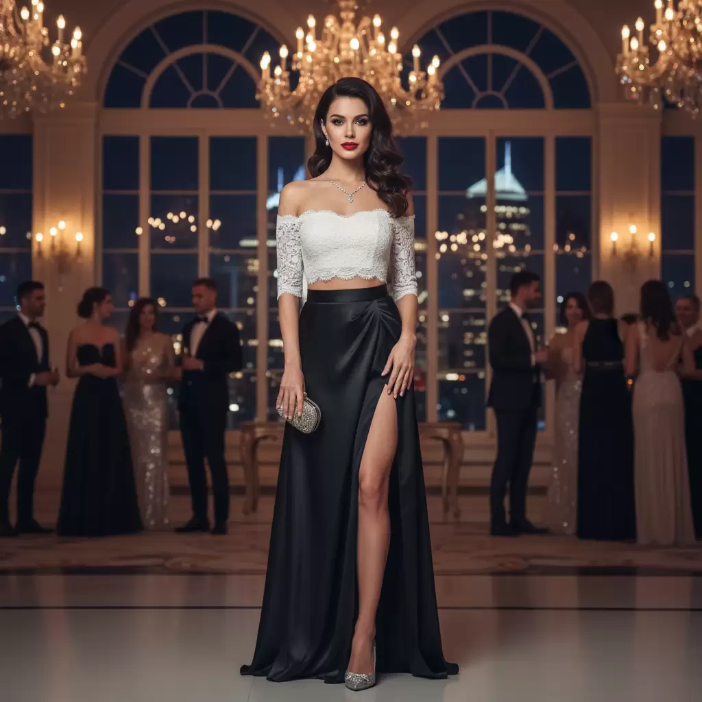 Sự kết hợp giữa chân váy dài và áo trễ vai tạo nên vẻ ngoài quyến rũ và đầy nữ tính