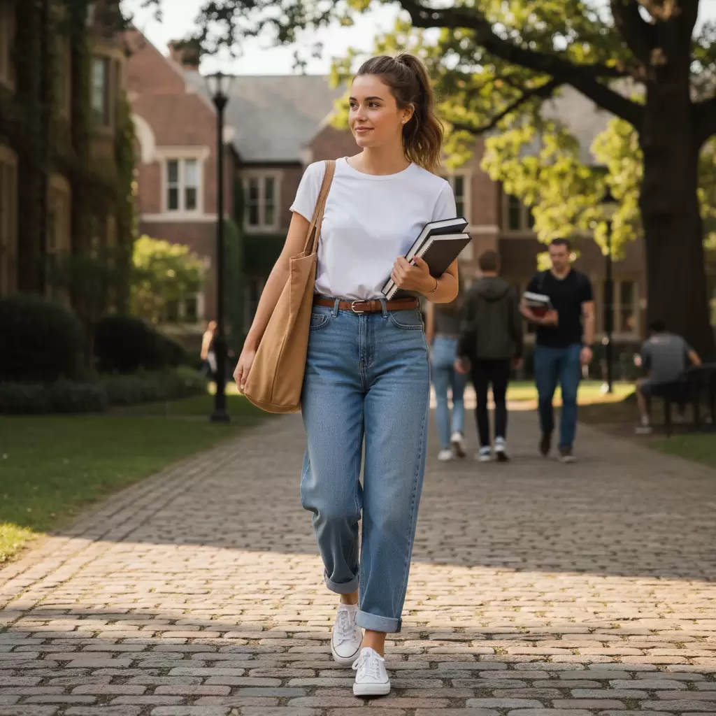 Sự kết hợp giữa quần bò ống rộng và áo thun mang lại vẻ ngoài năng động và thoải mái