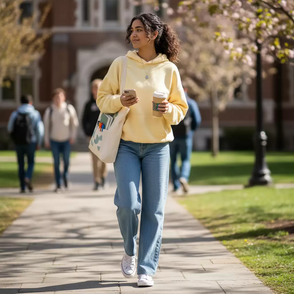 Giày sneaker và túi tote là bộ đôi hoàn hảo khi diện cùng quần bò ống rộng