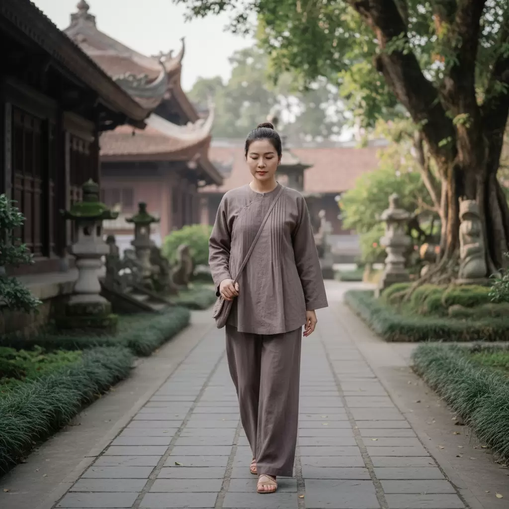 Bộ đồ lam là trang phục phổ biến và phù hợp nhất cho mọi lứa tuổi khi đi chùa