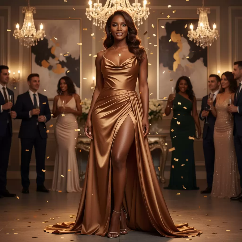 Váy lụa màu vàng đồng là lựa chọn hoàn hảo để tôn vinh làn da ngăm trong các buổi tiệc