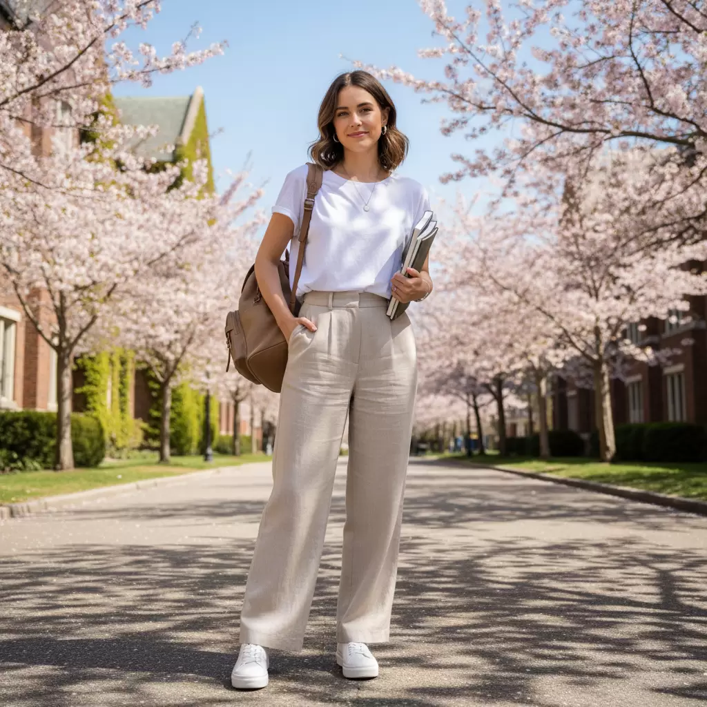 Phong cách thoải mái và thời thượng với áo thun trắng và quần vải ống rộng