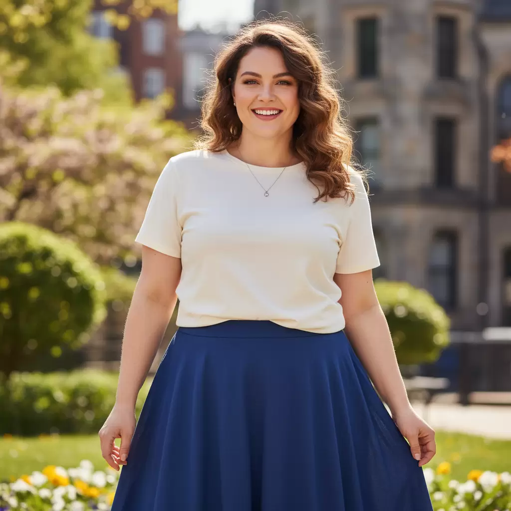 Sự kết hợp giữa chân váy chữ A và áo phông mang lại vẻ ngoài năng động và thon gọn