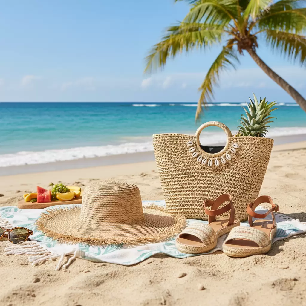 Phụ kiện cói và sandal quai mảnh là điểm nhấn hoàn hảo cho outfit đi biển