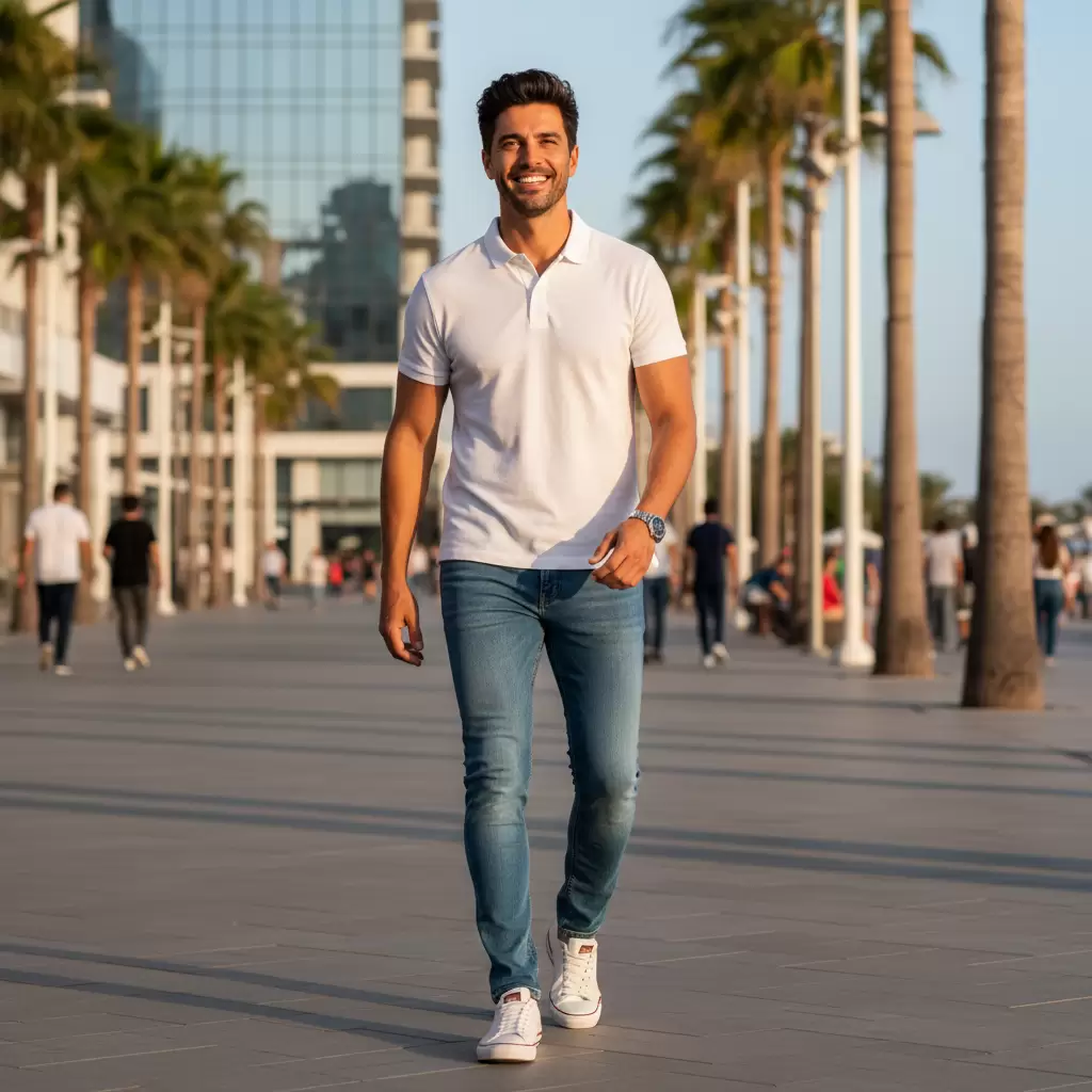 Áo polo kết hợp quần jean tạo nên vẻ ngoài khỏe khoắn và lịch sự cho phái mạnh