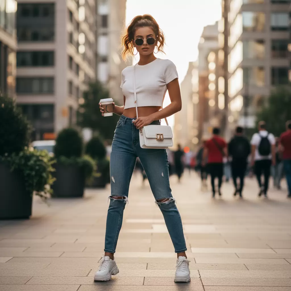 Túi xách trắng tạo điểm nhấn hiện đại cho set đồ quần jeans và áo croptop