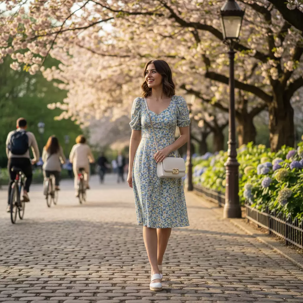 Sự kết hợp hoàn mỹ giữa váy hoa nhí và túi xách trắng cho nàng thơ