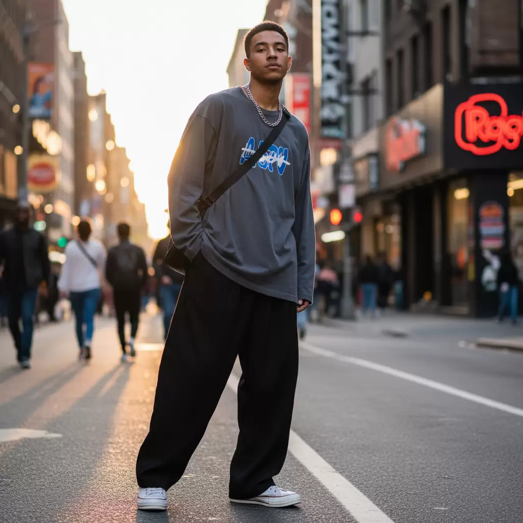Sự kết hợp giữa áo thun oversize và quần ống rộng tạo nên diện mạo cực chất cho buổi đi chơi