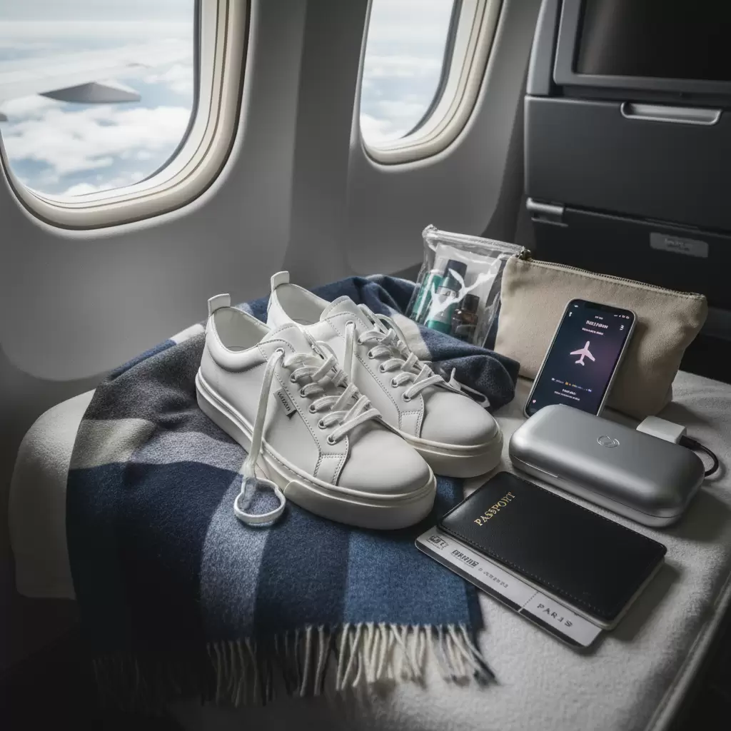 Giày sneaker và khăn quàng cổ là những phụ kiện không thể thiếu khi đi máy bay