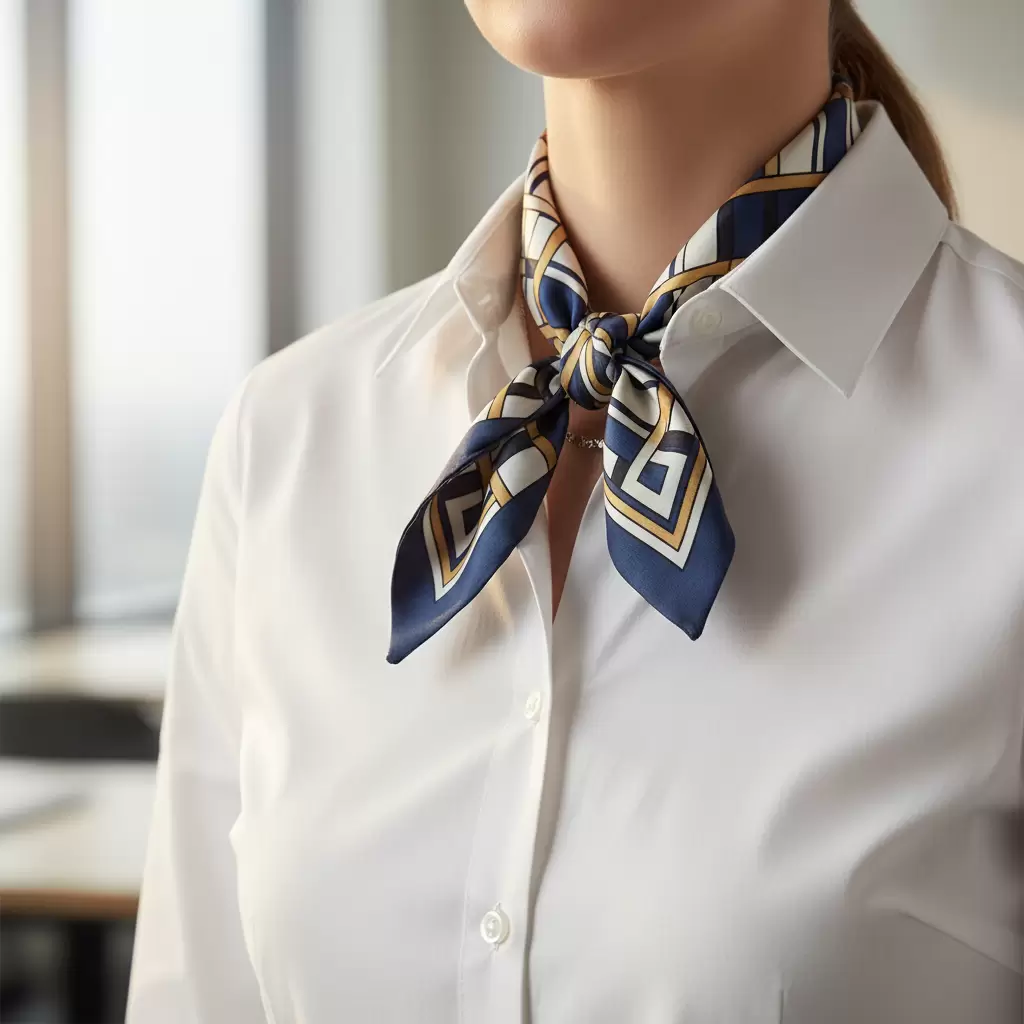 Sự kết hợp tinh tế giữa khăn lụa và áo sơ mi giúp bộ trang phục công sở bớt đơn điệu