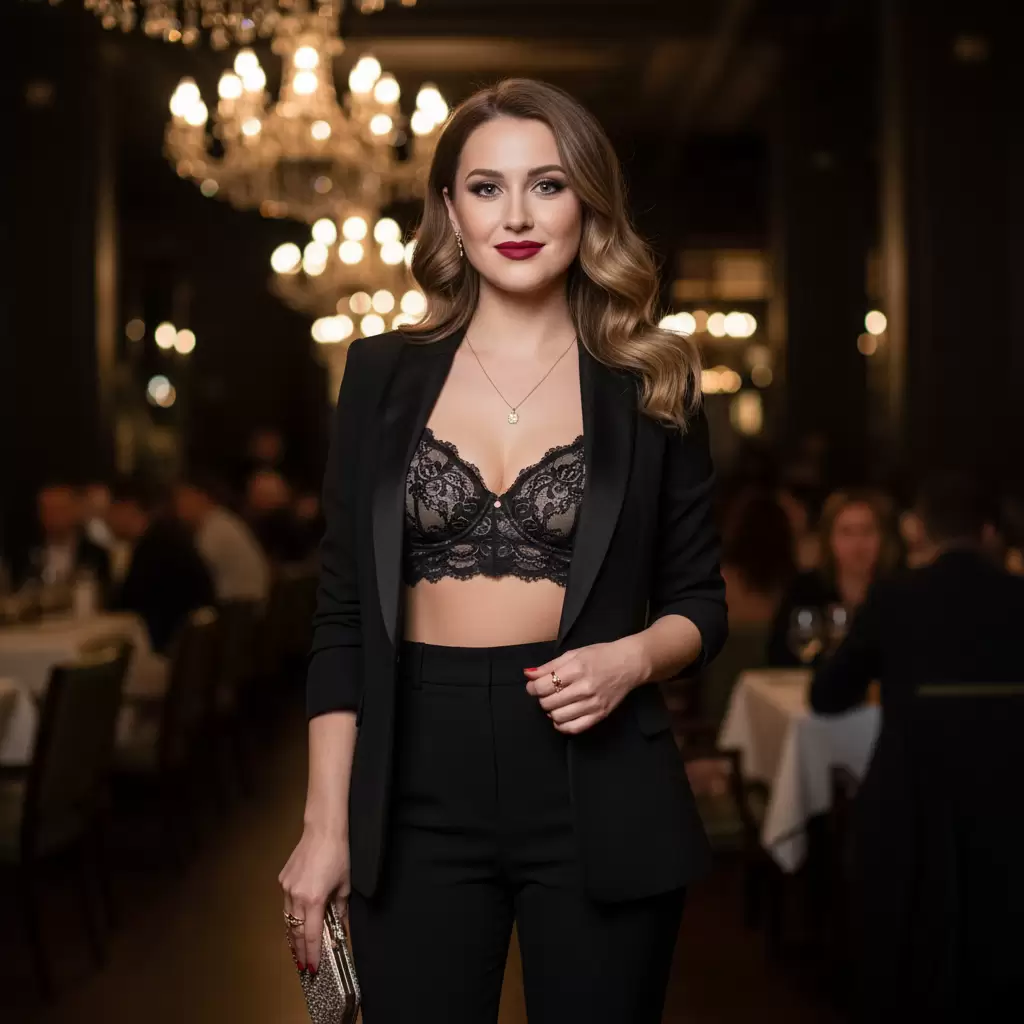 Sự kết hợp giữa bra ren và blazer tạo nên vẻ ngoài vừa quyền lực vừa quyến rũ