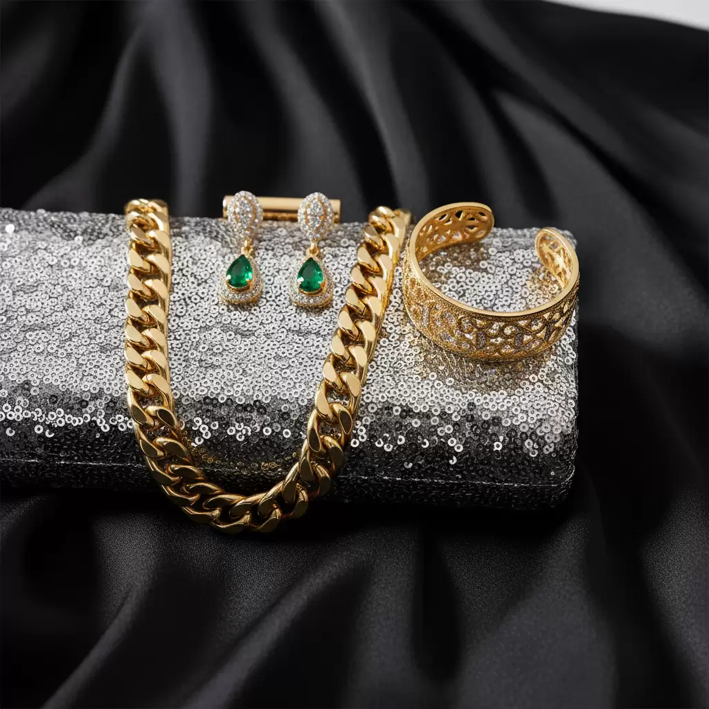 Phụ kiện ánh kim là lựa chọn tối ưu để tạo điểm nhấn cho trang phục đen