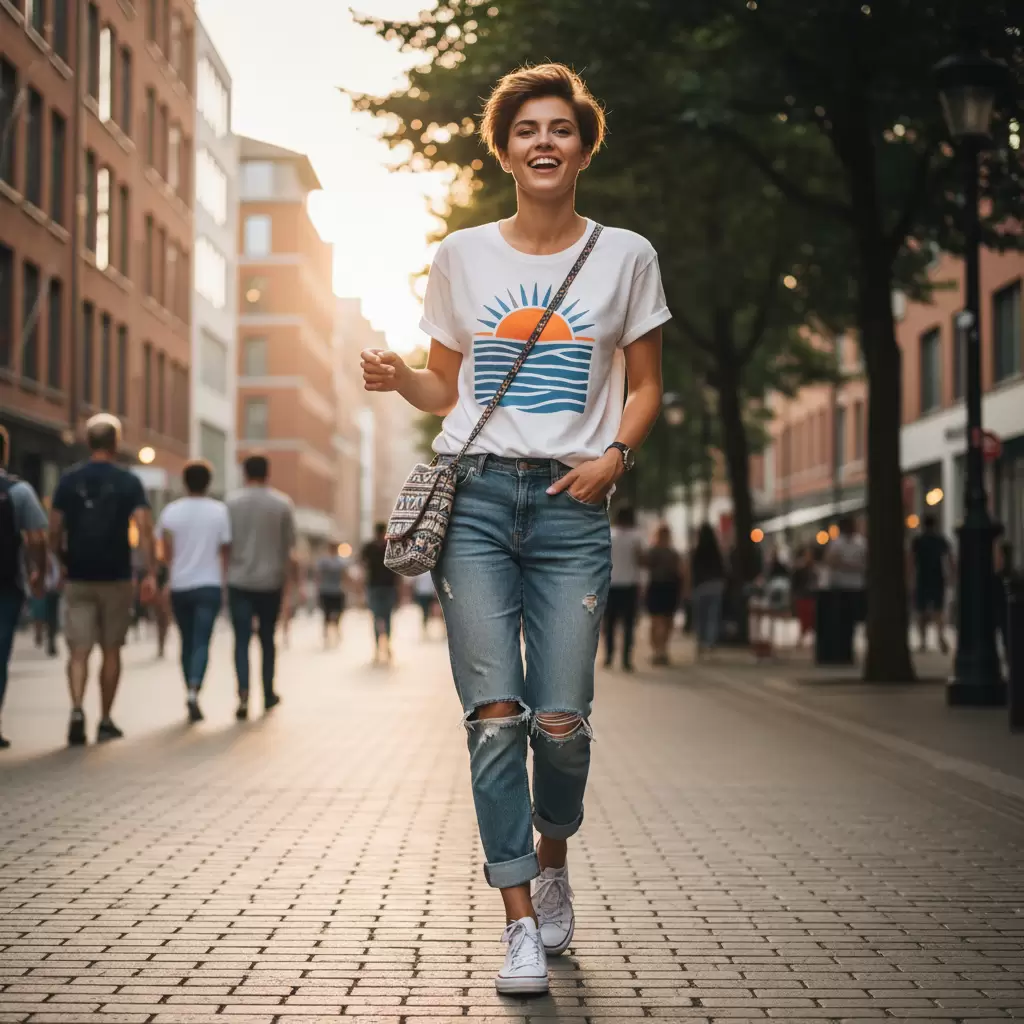 Sự kết hợp năng động giữa áo thun và quần jeans cực kỳ ăn ý với mái tóc Bob