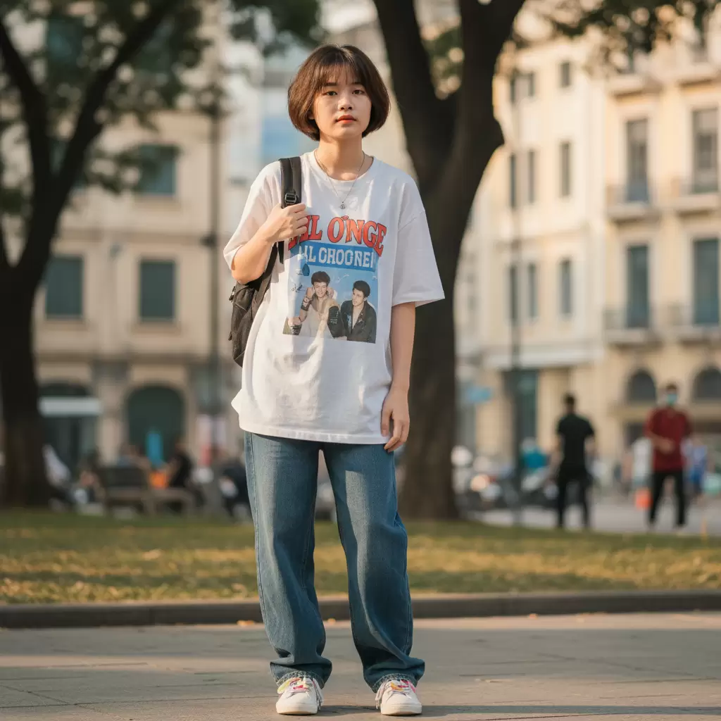 Sự kết hợp giữa áo thun và quần jeans tạo nên diện mạo trẻ trung năng động