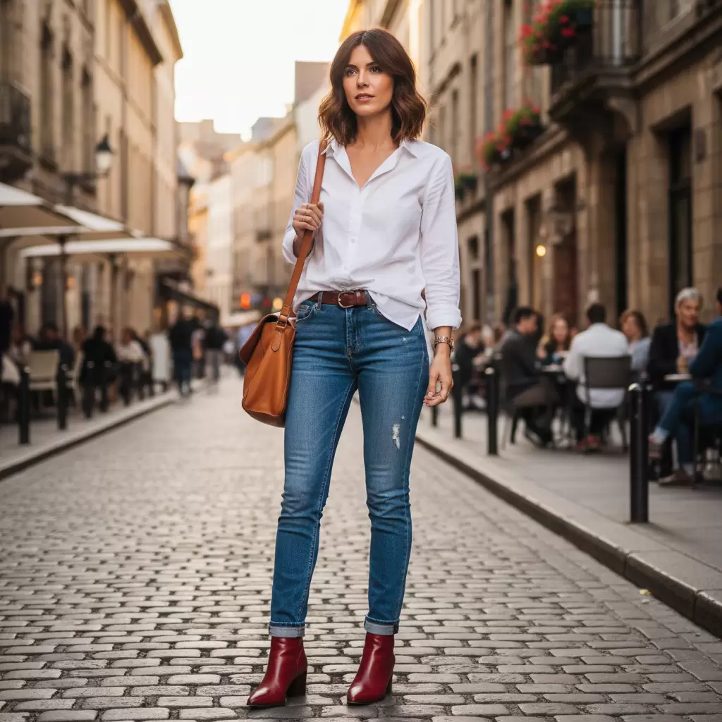 Sự kết hợp hoàn hảo giữa bốt đỏ và trang phục denim năng động